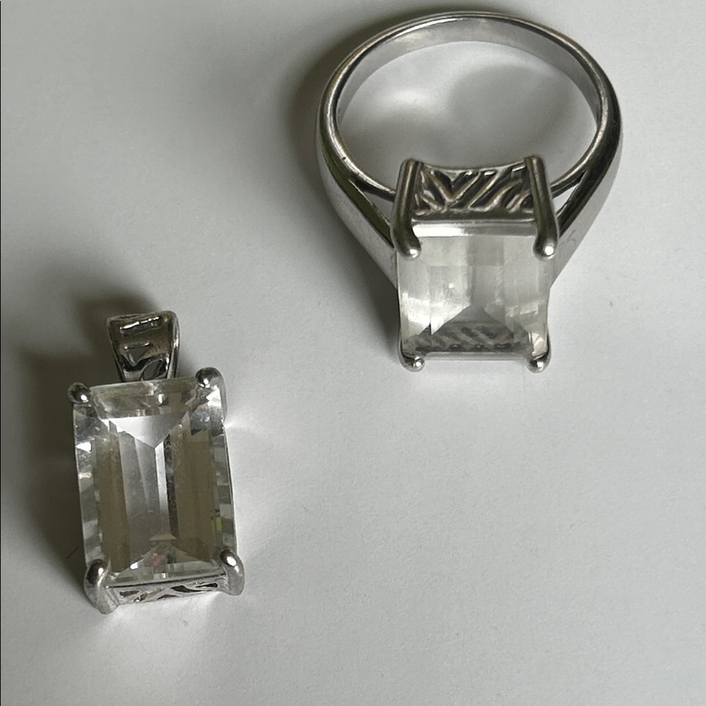 Sigal 925 Sterling Silver  Emerald-Cut Ring and Pendant Set